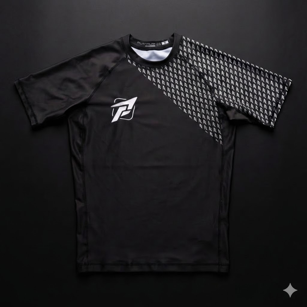Platinum Jiu Jitsu Black Short Sleeve Rash Guard featuring white chest logo and signature patterned side panels for No-Gi grappling and MMA training.