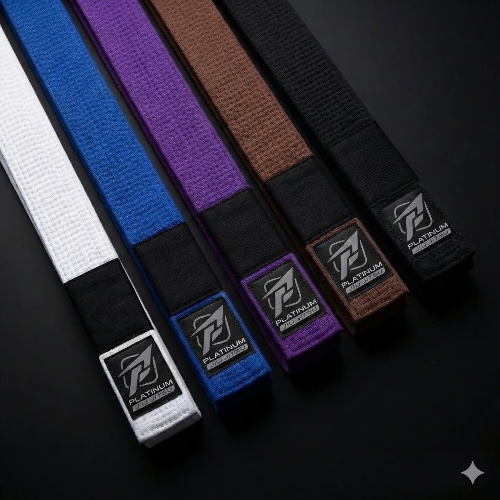 Full set of Platinum Jiu Jitsu ranking belts (White, Blue, Purple, Brown, Black) featuring premium black branding tags and reinforced stitching.