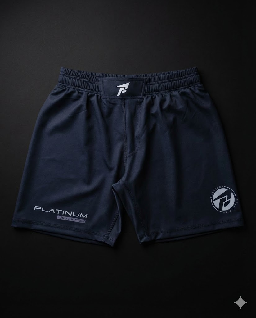 Platinum Jiu Jitsu grappling shorts for kids and adults, black with premium embroidered logo, no-gi training shorts Gold Coast