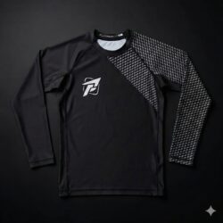 Platinum Jiu Jitsu Black Long Sleeve Rash Guard with white chest logo and signature patterned left sleeve for No-Gi grappling, BJJ, and MMA.